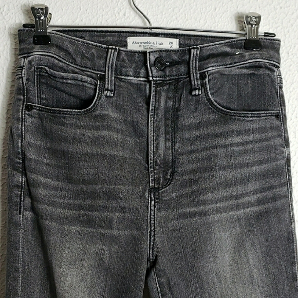 Abercrombie & Fitch Dark Gray Super Skinny Hugh Rise Jeans Raw Distressed Hem - Picture 3 of 14